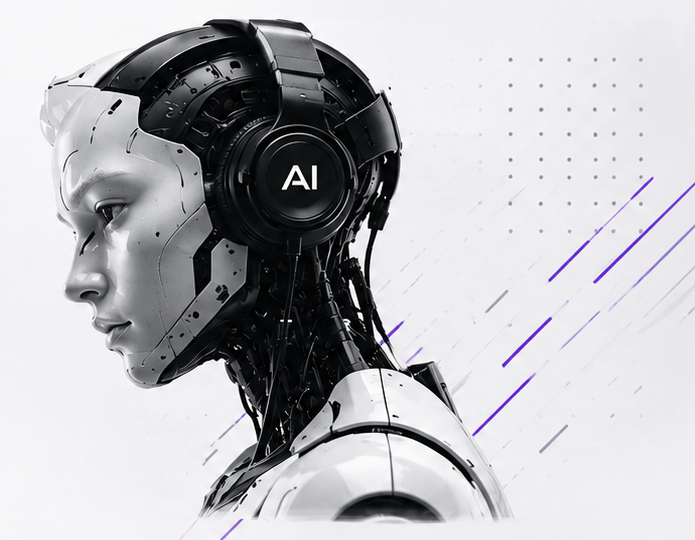 Futuristic AI DJ wearing headphones